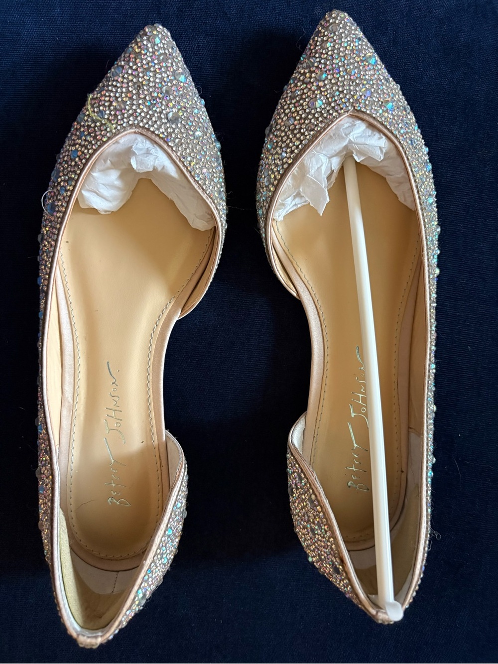 Betsey Johnson Rose Gold Crystal Pointed Toe Flats